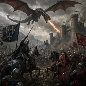 A medieval battlefield with knights on horseback and a dragon flying overhead. - OpenAI GPT Image 2