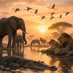 A misty dawn at an African savanna watering hole where elephants, lions, and zebras coexist in tense harmony, with a crocodile partially submerged in the foreground and flamingos taking flight in the background, golden hour lighting. - OpenAI GPT Image 2