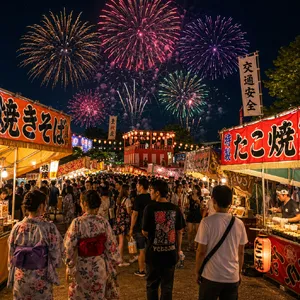 A nighttime festival with fireworks in the sky, food stalls lined up, and crowds mingling. - OpenAI GPT Image 2