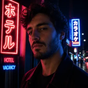 A nighttime portrait of a man lit by neon signs on a city street. - OpenAI GPT Image 2