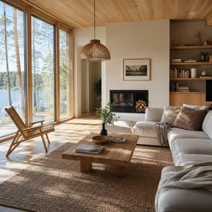 A photorealistic interior of a modern Scandinavian-style living room with natural light streaming through floor-to-ceiling windows. Show detailed wood textures, fabric materials, and proper light reflections. - OpenAI GPT Image 2