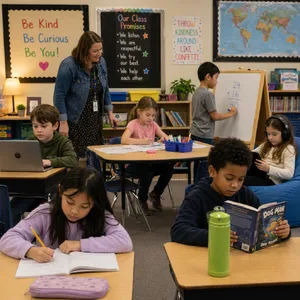 A school classroom of children and a teacher, each student engaged in a different activity. - OpenAI GPT Image 2