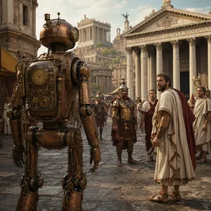A steampunk robot time-traveling in ancient Rome, depicted in a detailed cinematic style that blends historical accuracy with copper and brass retrofuturistic aesthetics. - OpenAI GPT Image 2