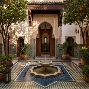 A traditional Moroccan riad courtyard with detailed zellige tilework, flowing fountain, citrus trees, and ornate woodwork. Morning light casting intricate shadow patterns. - OpenAI GPT Image 2