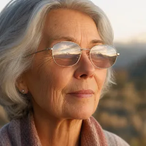A ultra high-resolution portrait of an elderly woman with silver hair and bifocal glasses, each lens reflecting a distant landscape, captured in warm late-afternoon sunlight - OpenAI GPT Image 2