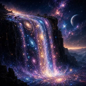 A waterfall that pours out stars and galaxies instead of water, illustrated in a cosmic fantasy style with vibrant space colors and dramatic lighting effects. - OpenAI GPT Image 2