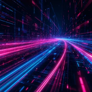 Abstract background graphic, cyberpunk aesthetic, neon pink/blue light trails on dark grid, sense of digital speed, for desktop wallpaper. - OpenAI GPT Image 2