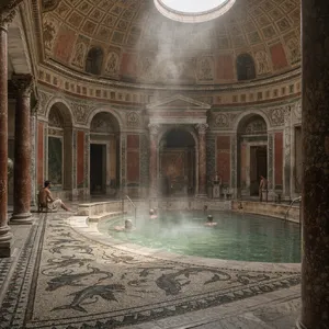 An ancient Roman bathhouse interior with accurate architectural details - marble columns, mosaic floors, arched ceilings, and steam rising from pools. Natural light from oculus openings. - OpenAI GPT Image 2
