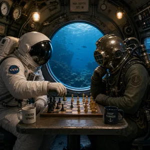 An astronaut and a deep-sea diver playing chess together inside a submarine. - OpenAI GPT Image 2