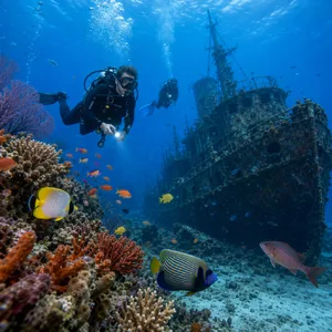 An underwater scene with scuba divers exploring a coral reef alongside colorful fish and a sunken ship. - OpenAI GPT Image 2