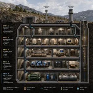 Cross-section rendering of a multi-level underground bunker with different functional areas, structural support systems, ventilation, and power generation facilities visible. - OpenAI GPT Image 2