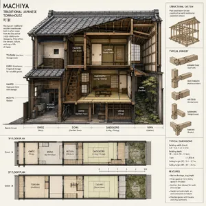 Cutaway architectural drawing of a traditional Japanese machiya townhouse showing all rooms and structural elements. Include accurate proportions, traditional joinery, and typical spatial organization. - OpenAI GPT Image 2