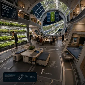 Interior of a futuristic space habitat with hydroponics gardens, communal areas, and living quarters. Show curved walls, artificial gravity considerations, and multipurpose furniture designs. - OpenAI GPT Image 2
