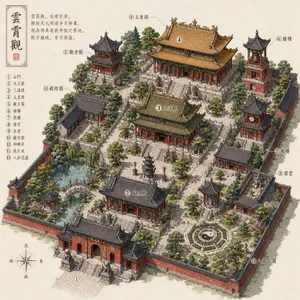 Isometric architectural illustration of an ancient Chinese temple complex showing multiple pavilions, gardens, and ceremonial spaces. Include proper roof structures and traditional ornamentation. - OpenAI GPT Image 2
