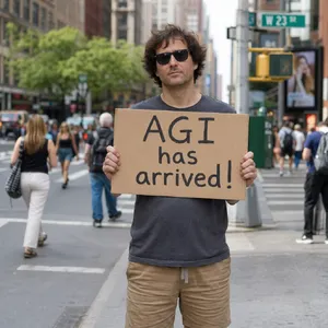 Photorealistic daytime street photograph, clearly showing a man standing still on a busy urban street corner holding a rectangular cardboard sign clearly facing camera, handwritten bold black marker text clearly readable as 