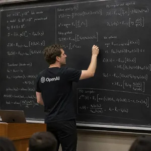Photorealistic depiction of a man wearing a clearly visible black OpenAI-branded T-shirt. He is standing at the front of a university lecture hall, writing complex mathematics and AI-related equations across a large, dusty chalkboard filled with notation - OpenAI GPT Image 2