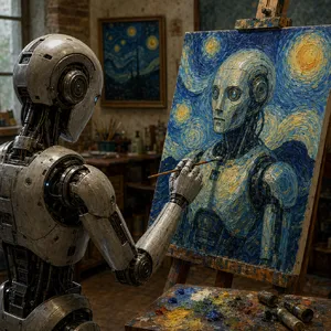 Photorealistic image of a robot painting a realistic self-portrait (i.e. the robot) on canvas, mimicking Van Gogh’s art style; clear, realistic metallic textures and painting details visible - OpenAI GPT Image 2