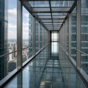 Photorealistic rendering of a contemporary glass skybridge between two skyscrapers, seen from inside with city views visible through glass walls and floor. Show accurate reflections and structural details. - OpenAI GPT Image 2