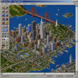Pixel art cityscape of San Francisco in the iconic SimCity 2000 style, isometric view, detailed skyscrapers, residential areas, clearly identifiable Golden Gate Bridge, Coit Tower, Transamerica Pyramid, surrounded by the classic SimCity 2000 UI elements - OpenAI GPT Image 2