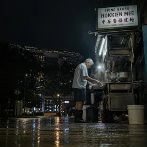 Rain-slicked Singapore street, 3 AM. A lone elderly hawker cleans his cart under one flickering fluorescent light. Steam rises gently. Low-angle shot, photorealistic - OpenAI GPT Image 2