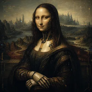 The Mona Lisa reimagined as a futuristic android, rendered in a digital art style that preserves Da Vinci's composition while incorporating sleek cyberpunk aesthetics and technological elements. - OpenAI GPT Image 2