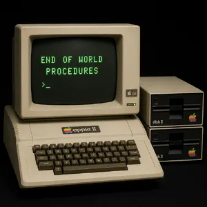 Vintage Apple II computer with green monochrome CRT screen, displaying 'END OF WORLD PROCEDURES' in green text. Two external floppy drives stacked on the right, labeled disk II with rainbow Apple logos. Beige casing, black background, retro aesthetic. - OpenAI GPT Image 2