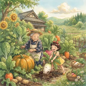 A child and elder tending oversized vegetables in a garden. Reproduce the artistic style of Studio Ghibli, with their distinctive character proportions and detailed plant illustrations. - Google Nano Banana 2 Lite