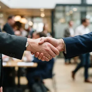 A close-up of two people shaking hands, both hands fully visible with five fingers each, in sharp focus against a blurred background. - Google Nano Banana 2 Lite
