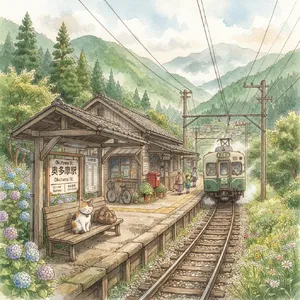 A countryside train station with a cat waiting on a bench. Rendered in Studio Ghibli animation style with Miyazaki's watercolor backgrounds and hand-drawn quality. - Google Nano Banana 2 Lite