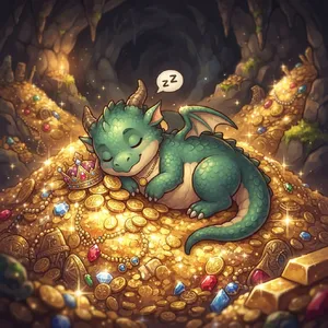 A cute chibi-style dragon sleeping on a pile of gold. - Google Nano Banana 2 Lite