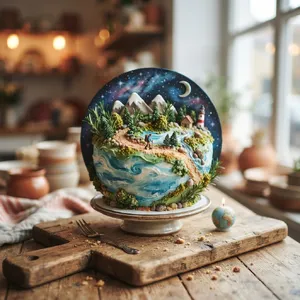 A dessert cake that looks like a tiny planet, complete with miniature trees and mountains, photographed in a professional food photography style with tilt-shift focus effect. - Google Nano Banana 2 Lite