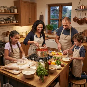A family cooking together in a kitchen, each person busy with a different task. - Google Nano Banana 2 Lite
