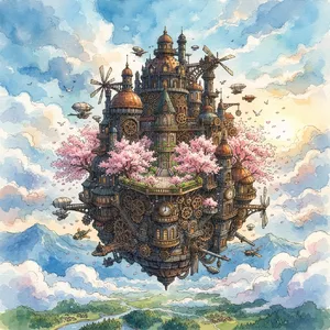 A floating steampunk castle in the sky with intricate mechanical gears and cherry blossom trees, illustrated in Hayao Miyazaki's Castle in the Sky (1986) art style with watercolor textures and detailed line work. - Google Nano Banana 2 Lite