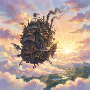 A flying castle floating in clouds at sunrise. Match the visual aesthetic of 'Howl's Moving Castle' by Studio Ghibli, with Miyazaki's blend of steampunk elements and fantasy. - Google Nano Banana 2 Lite