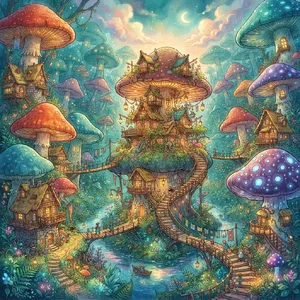 A forest of giant mushrooms with houses built on top of them, rendered in a whimsical Studio Ghibli-inspired art style with vibrant colors and fantastical details. - Google Nano Banana 2 Lite