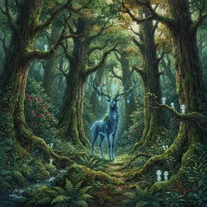 A forest spirit standing among tall trees. Replicate the artistic style of 'Princess Mononoke' by Studio Ghibli, with Miyazaki's detailed environments and mystical creature design. - Google Nano Banana 2 Lite