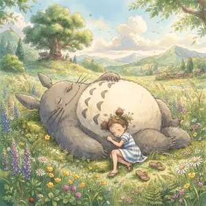 A girl and a giant fluffy creature napping in a wildflower meadow. Reproduce the art style of 'My Neighbor Totoro' by Studio Ghibli, with Miyazaki's soft character designs. - Google Nano Banana 2 Lite