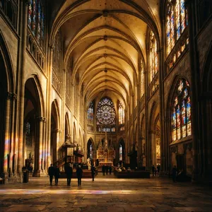 A Gothic cathedral interior at sunset with light streaming through detailed stained glass windows, creating colored patterns on stone floors and columns. Show accurate ribbed vaulting. - Google Nano Banana 2 Lite