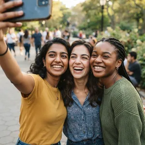 A group selfie of three friends of different ethnic backgrounds smiling at the camera. - Google Nano Banana 2 Lite