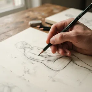 A hand drawing a sketch on paper with a pencil, the hand and pencil tip in clear focus. - Google Nano Banana 2 Lite