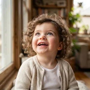 A hyper-realistic photo of a toddler with curly hair and big eyes, looking upward. - Google Nano Banana 2 Lite