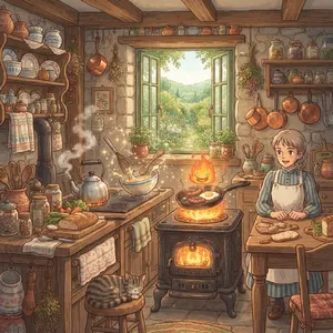 A kitchen with magical cooking implements preparing breakfast. Duplicate the artistic style of Studio Ghibli's domestic scenes, with Miyazaki's detailed settings and warm lighting. - Google Nano Banana 2 Lite