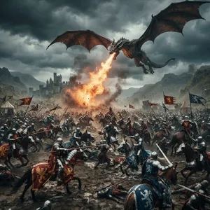 A medieval battlefield with knights on horseback and a dragon flying overhead. - Google Nano Banana 2 Lite