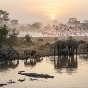 A misty dawn at an African savanna watering hole where elephants, lions, and zebras coexist in tense harmony, with a crocodile partially submerged in the foreground and flamingos taking flight in the background, golden hour lighting. - Google Nano Banana 2 Lite