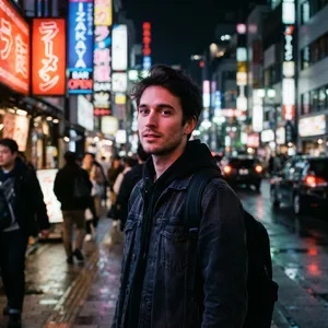 A nighttime portrait of a man lit by neon signs on a city street. - Google Nano Banana 2 Lite