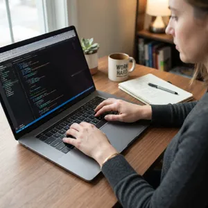 A person typing on a laptop keyboard, showing both hands on the keys. - Google Nano Banana 2 Lite