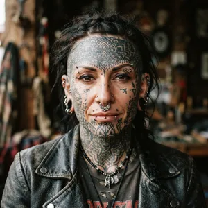 A portrait of a person with elaborate facial tattoos and piercings, shown in sharp detail. - Google Nano Banana 2 Lite