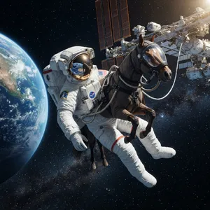 A realistic astronaut being ridden by a horse, photorealistic depiction in outer space with accurate lighting and proportions - Google Nano Banana 2 Lite