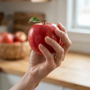 A realistic photo of a hand holding a red apple, with all fingers clearly visible. - Google Nano Banana 2 Lite