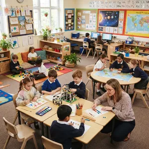 A school classroom of children and a teacher, each student engaged in a different activity. - Google Nano Banana 2 Lite